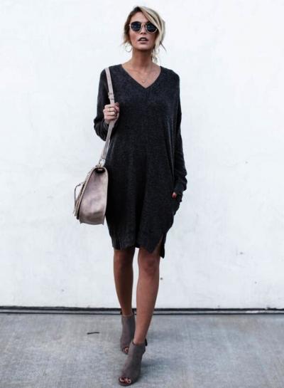 Oasap V Neck Long Sleeve Solid Color Pullover Knit Dress