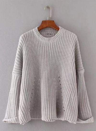 Oasap Round Neck Long Sleeve Solid Color Broken Hole Sweater