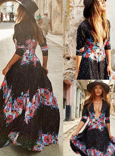 Oasap Vintage Print Deep V Neck High Waist Maxi Dress