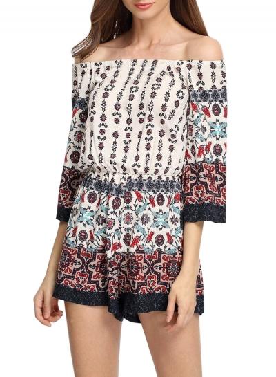 Oasap Women's Floral Print Slash Neck Elastic Waist Romper