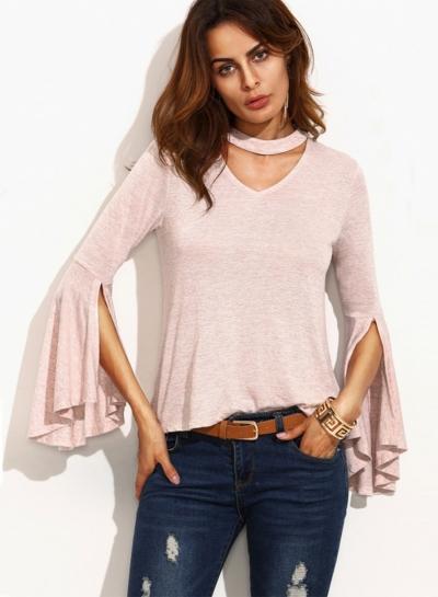 Oasap V Neck Slit Flare Sleeve Pullover Tee