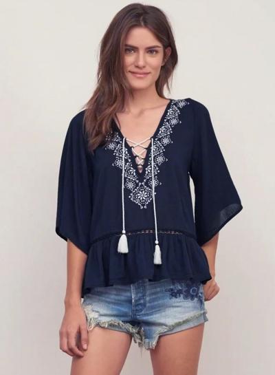 Oasap Deep V Neck Ruffle Pullover Blouse