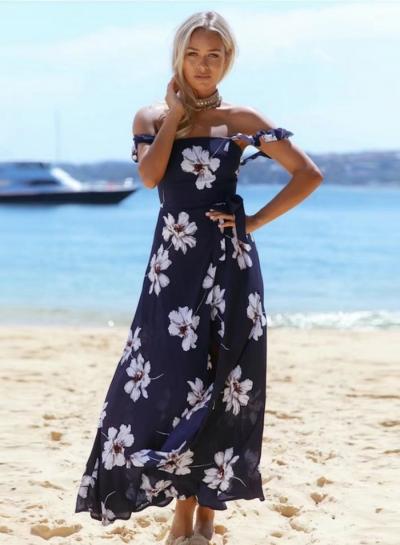 Oasap Slash Neck Off Shoulder Floral Print High Slit Dress