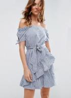 Oasap Off Shoulder Short Sleeve Stripe Ruffle Dress With Belt