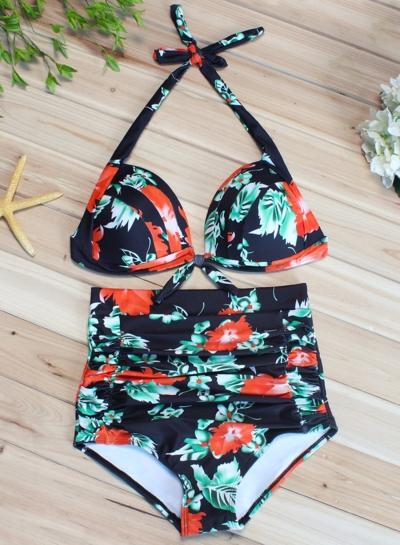 Oasap Fashion Floral Print Halter Neck Bikini Set Swimwear
