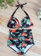 Oasap Fashion Floral Print Halter Neck Bikini Set Swimwear