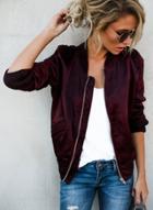 Oasap Round Neck Long Sleewve Solid Color Zipper Jacket