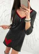 Oasap V Neck Long Sleeve Color Block Love Print Mini Dress