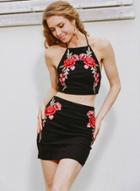 Oasap Floral Embroidery Halter Crop Top Bodycon Skirt Set
