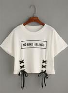 Oasap Fashion Short Sleeve Letter Printed Lace-up Cropped Tee