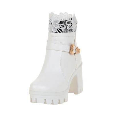 Oasap Round Toe Buckle Platform Block Heels Lace Boots