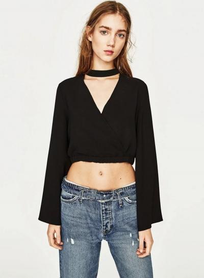Oasap Fashion Black Slim V Neck Crop-top