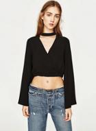 Oasap Fashion Black Slim V Neck Crop-top