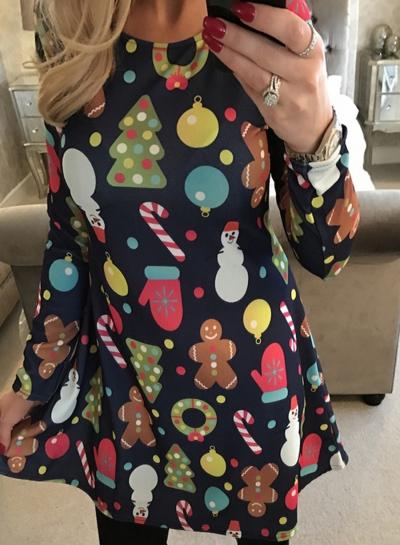 Oasap Casual Long Sleeve Christmas Pattern Dress