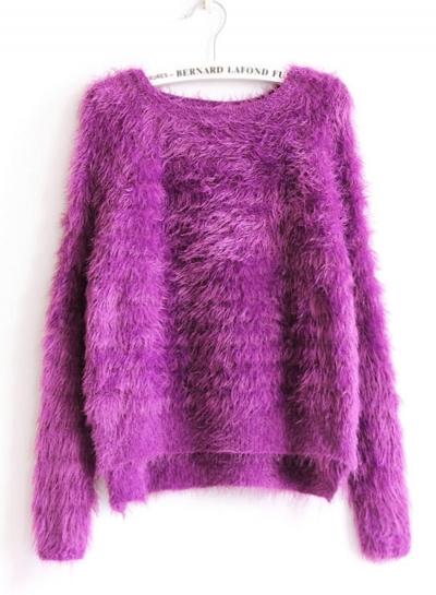 Oasap Solid Color Feather Yarns Round Neck Long Sleeve Sweater