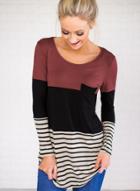 Oasap Loose Fit Color Block Striped Pullover Tee