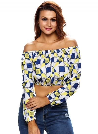Oasap Print Off Shoulder Long Sleeve Crop Top
