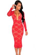 Oasap Red Plunge Long Sleeves Lace Party Midi Dress