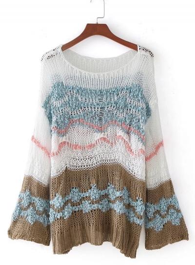 Oasap Round Neck Long Sleeve Colorful Striped Sweater