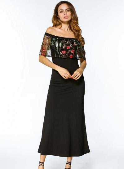 Oasap Floral Embroidery Mesh Panel Maxi Dress