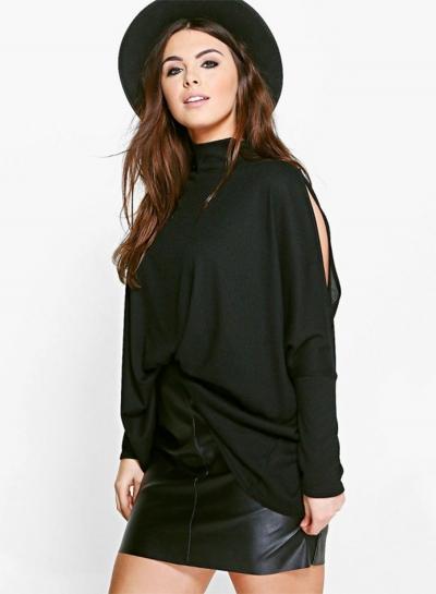 Oasap Mock Neck Batwing Sleeve Cut Out Loose Tee