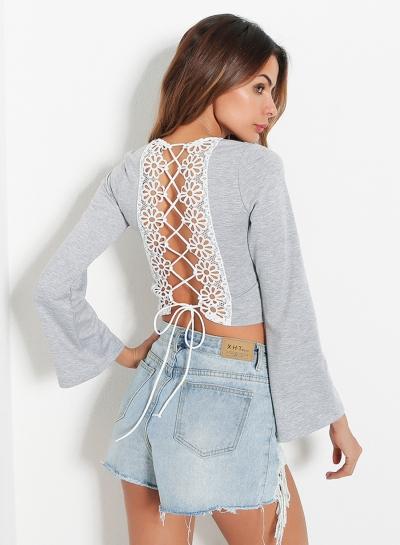 Oasap V Neck Flare Sleeve Back Lace Up Hollow Out Crop Top
