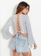 Oasap V Neck Flare Sleeve Back Lace Up Hollow Out Crop Top