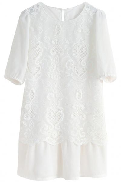 Oasap White Lace Overlay Chiffon Dress