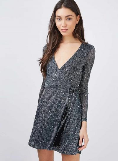 Oasap V Neck Long Sleeve Tie Waist Sequins Dress