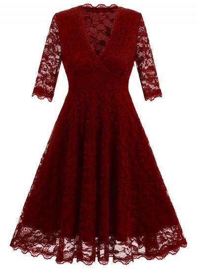 Oasap V Neck 3/4 Sleeve Lace A-line Dress
