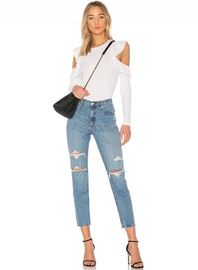 Oasap Off Shoulder Ruffle Long Sleeve Slim Fit Tee