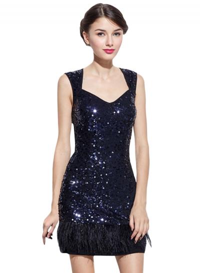 Oasap Women's Sequin Trim Feather Paneled Cut-out Bodycon Dress