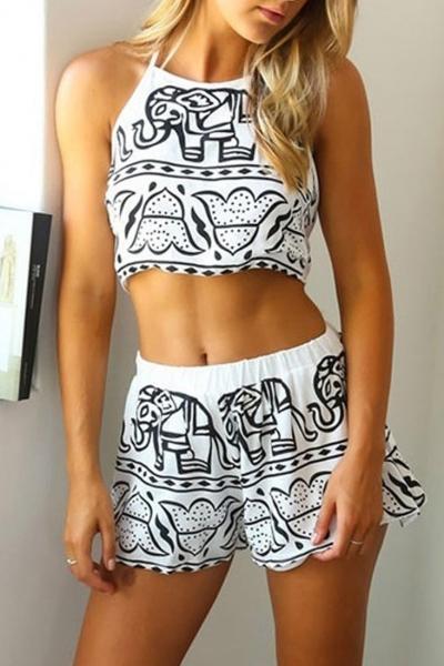 Oasap Chic Elephant Print Halter Top Matching Set