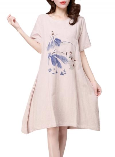 Oasap Women's Floral Print Short Sleeve Loose Fit Cotton Linen Dress
