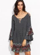 Oasap Vintage V Neck Lace Up Flare Sleeve Pattern Print Dress