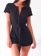 Oasap Short Sleeve Button Front Romper With Belt