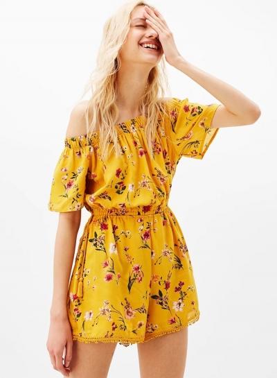 Oasap Off Shoulder Floral Print Drawstring Waist Romper