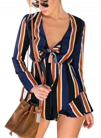 Oasap Casual V Neck Bow Stripe Romper