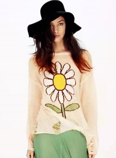 Oasap Floral Printed Ripped Knitted Pullover Sweater