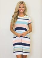 Oasap Casual Short Sleeve Striped Shift Dress