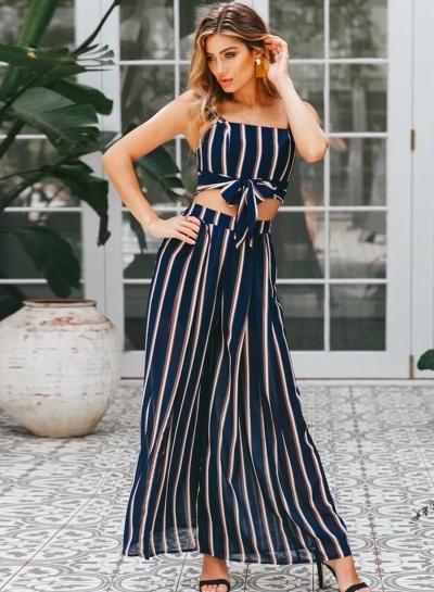 Oasap Fashion Striped Spaghetti Strap Cropped Top Wide Leg Pants Set
