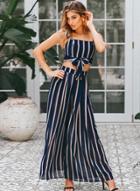 Oasap Fashion Striped Spaghetti Strap Cropped Top Wide Leg Pants Set