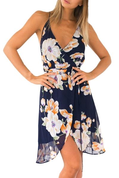 Oasap Women Floral Print Asymmetric Spaghetti Strap Crossed Back Chiffon Dress