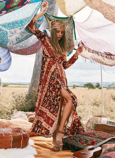 Oasap Boho V Neck Long Sleeve Floral Maxi Split Dress