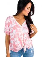 Oasap Pink White Floral Button Front Short Sleeve Blouse Top