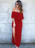 Oasap Off Shoulder Ruffle Maxi Dress With Pocket