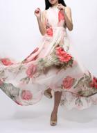 Oasap Off Shoulder Sleeveless Floral Print Ruffle Maxi Dress