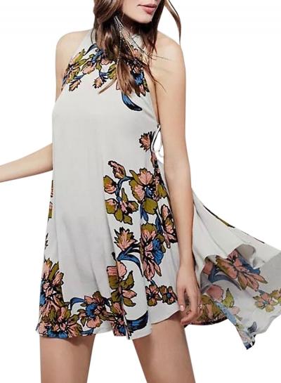 Oasap Women Floral Print Side Lace-up Sleeveless Asymmetric Dress