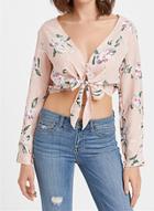 Oasap V Neck Bow Tie Front Long Sleeve Crop Top