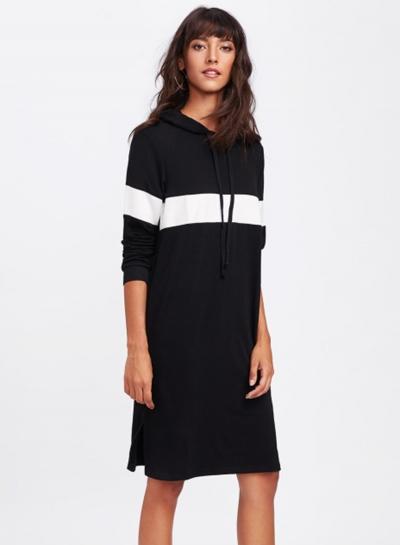 Oasap Fashion Color Blcok Loose Fit Hooded Sweatshirt Dress